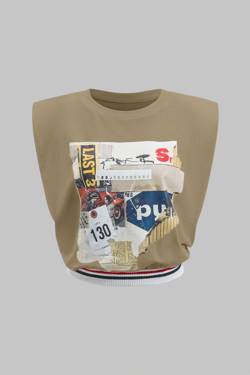 Car Letter Digital Pattern Print Loose Sleeveless T-Shirt - MISMIMCWTS2503100020-KHAKI-XS