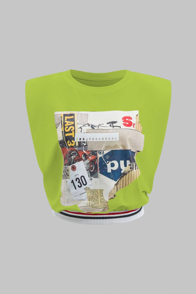 Car Letter Digital Pattern Print Loose Sleeveless T-Shirt - MISMIMCWTS2503100020-LIME-XS