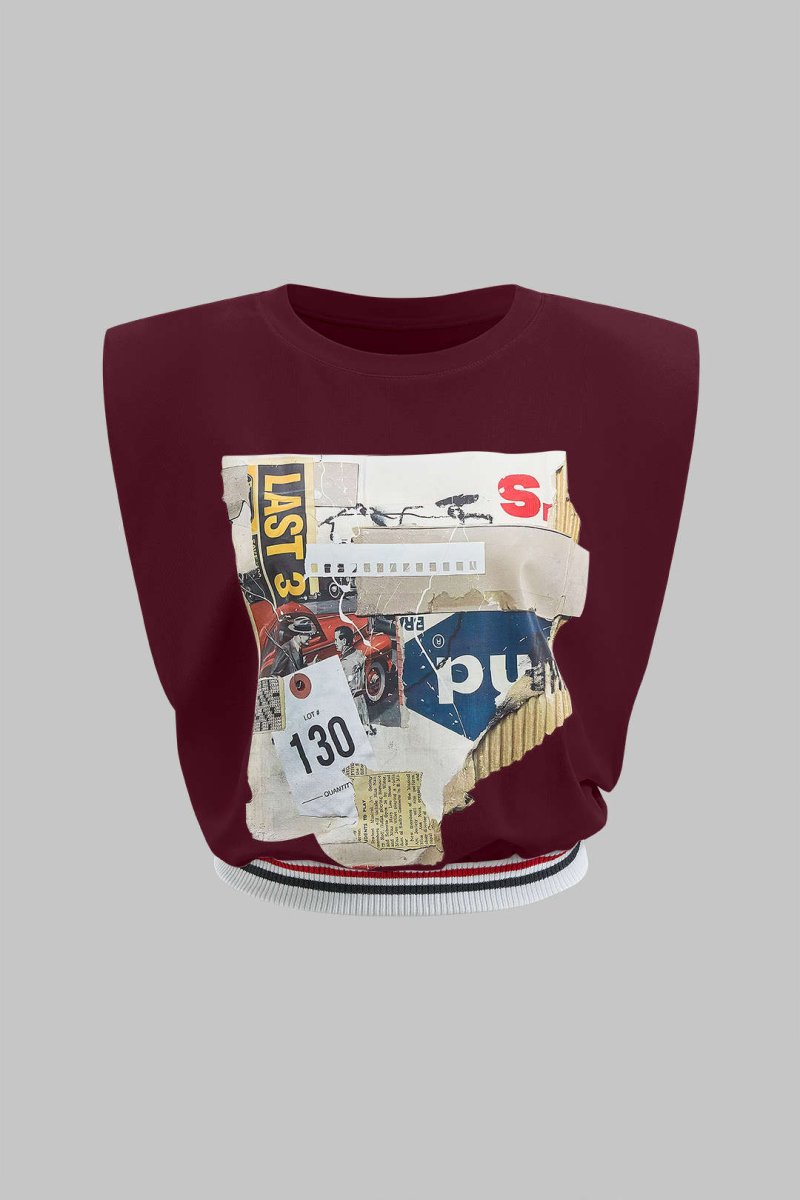 Car Letter Digital Pattern Print Loose Sleeveless T-Shirt - MISMIMCWTS2503100020-BURGUNDY-XS