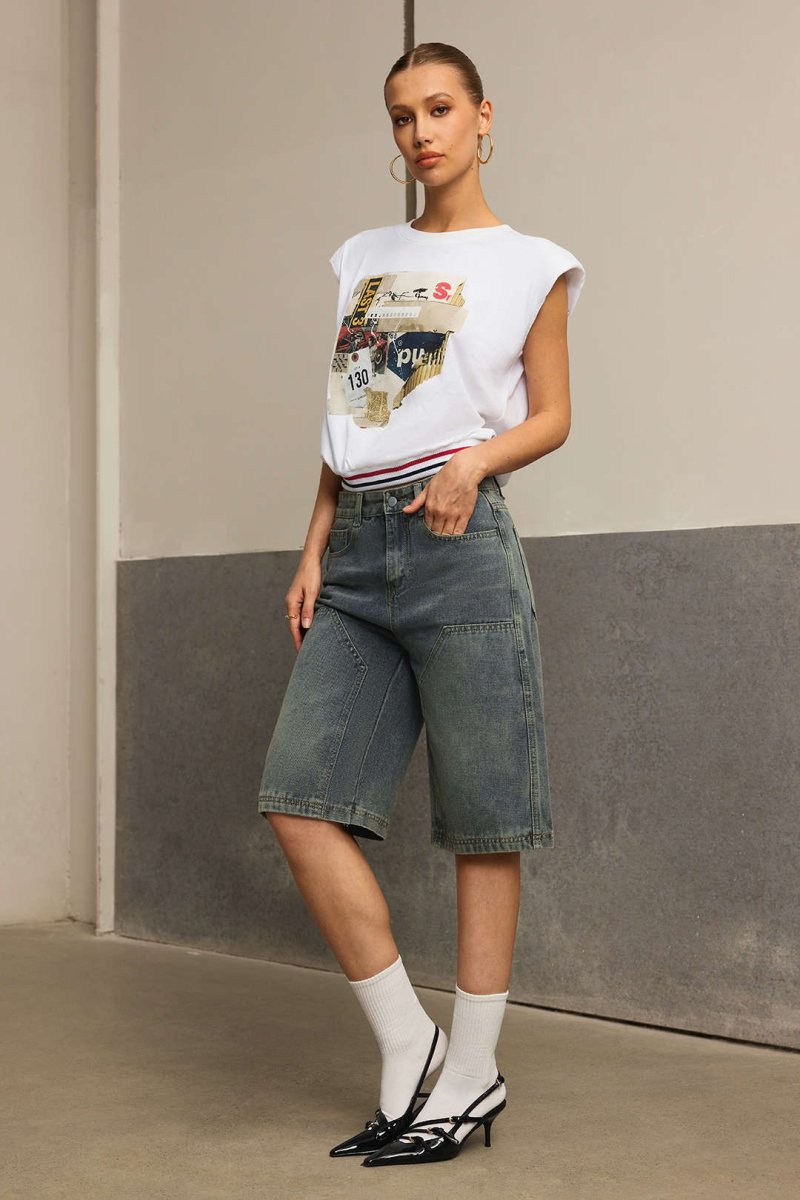 Car Letter Digital Pattern Print Loose Sleeveless T-Shirt - MISMIMCWTS2503100020-WHITE-XS