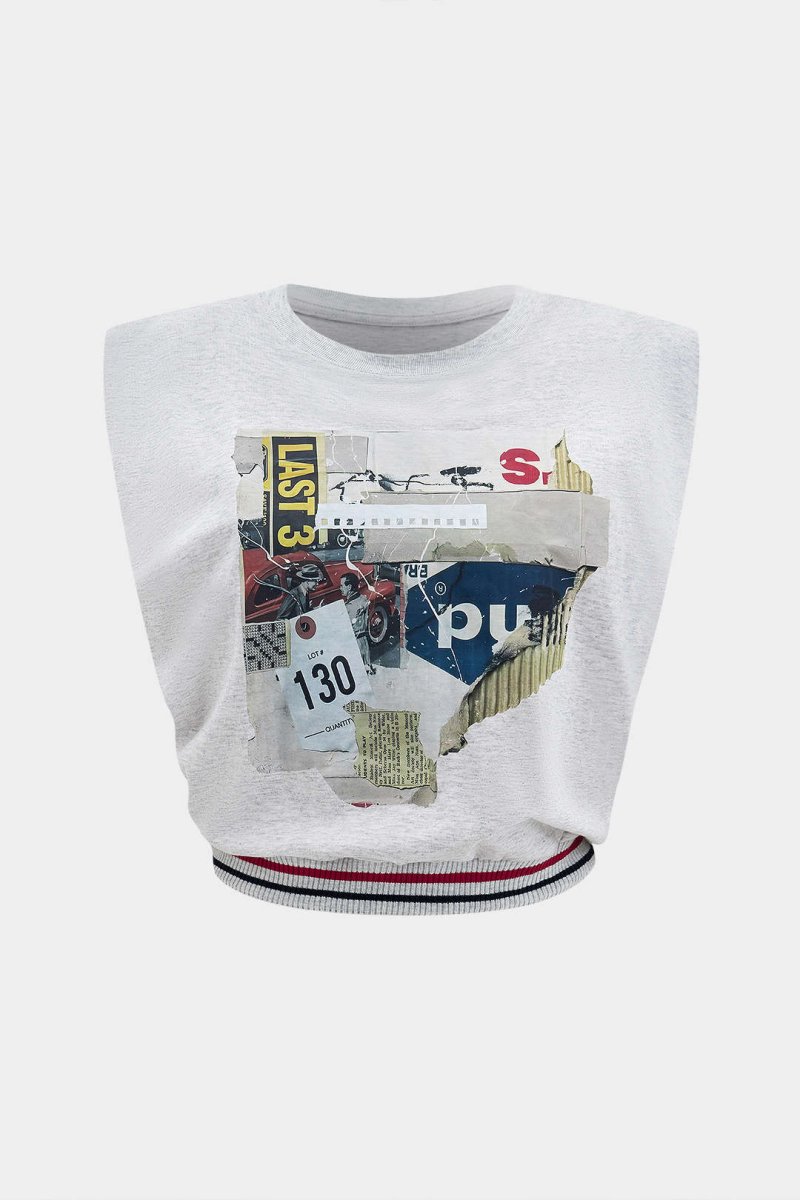 Car Letter Digital Pattern Print Loose Sleeveless T-Shirt - MISMIMCWTS2503100020-GRAY MELANGE-XS