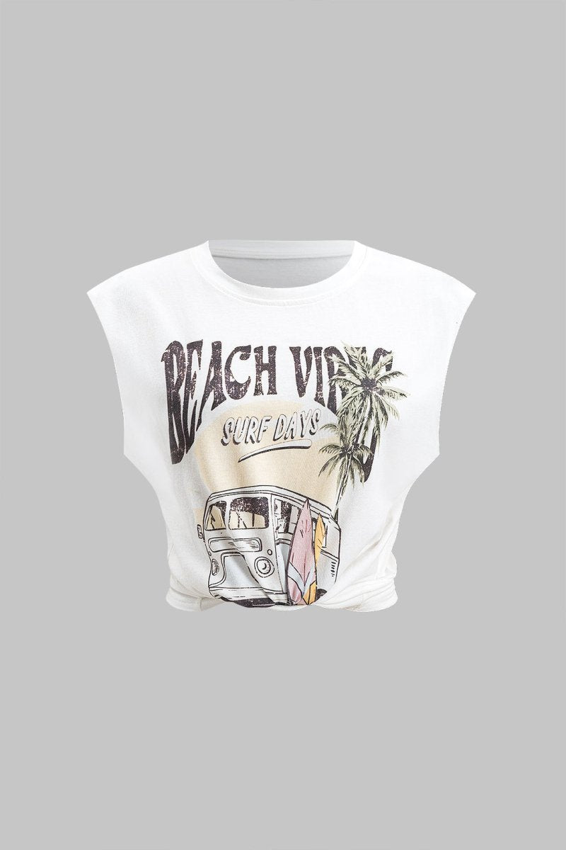 Coconut Palm Car Letter Print Tank Top - MISMIMCWTT2501230111-WHITE-XS