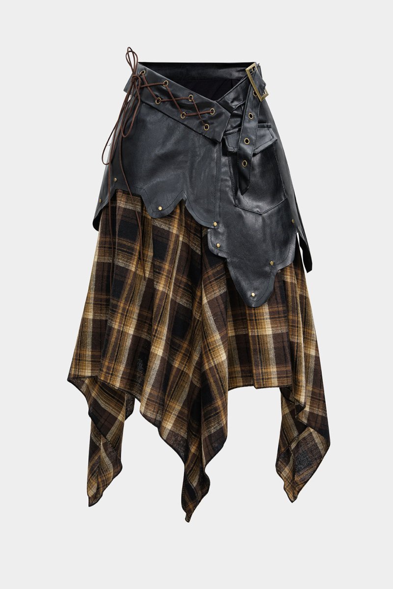 Color Block Plaid Print Faux Leather Patchwork Tie - Up Asymmetrical Pocket Skirt - MISMIMCWBK2509160042-Contrast Color-XS