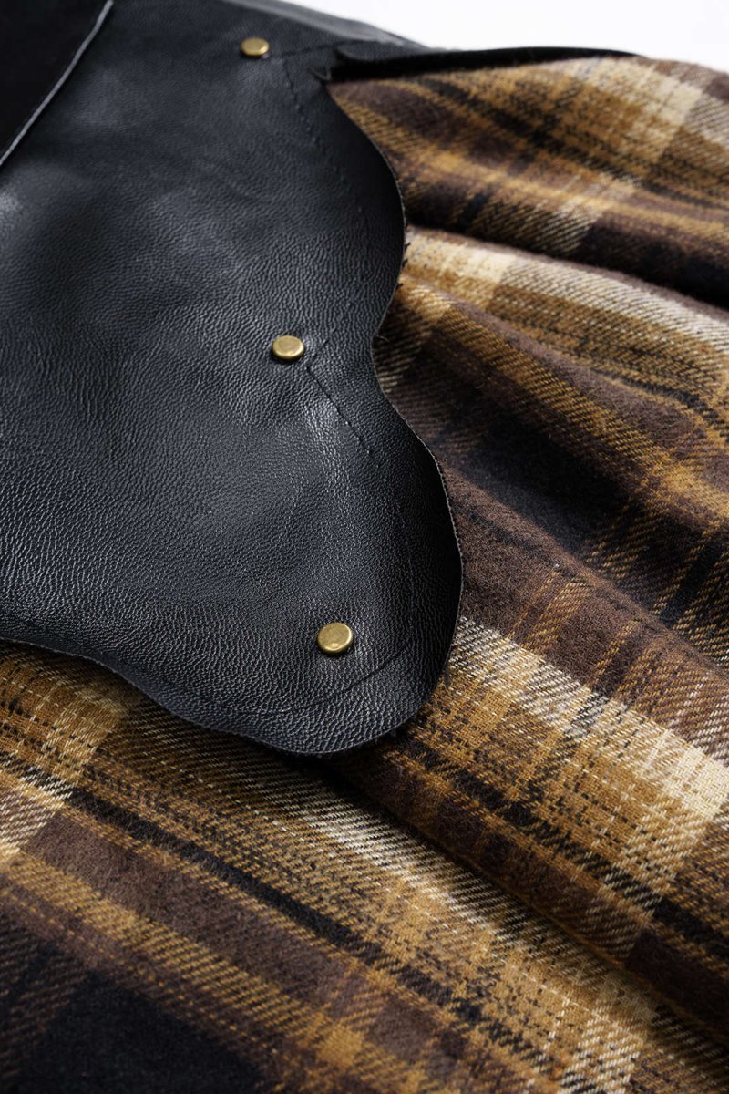 Color Block Plaid Print Faux Leather Patchwork Tie - Up Asymmetrical Pocket Skirt - MISMIMCWBK2509160042-Contrast Color-XS