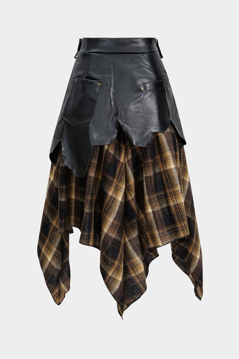 Color Block Plaid Print Faux Leather Patchwork Tie - Up Asymmetrical Pocket Skirt - MISMIMCWBK2509160042-Contrast Color-XS