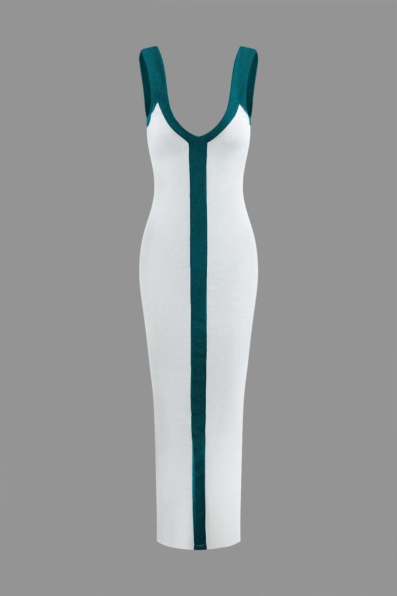 Colorblock V - neck Ribbed Split Maxi Dress - MISMIMCWKD2310120106-BROWN-XS