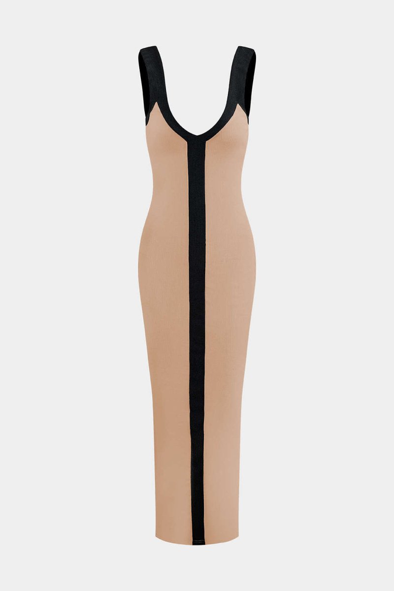 Colorblock V - neck Ribbed Split Maxi Dress - MISMIMCWKD2310120106-TAN-XS