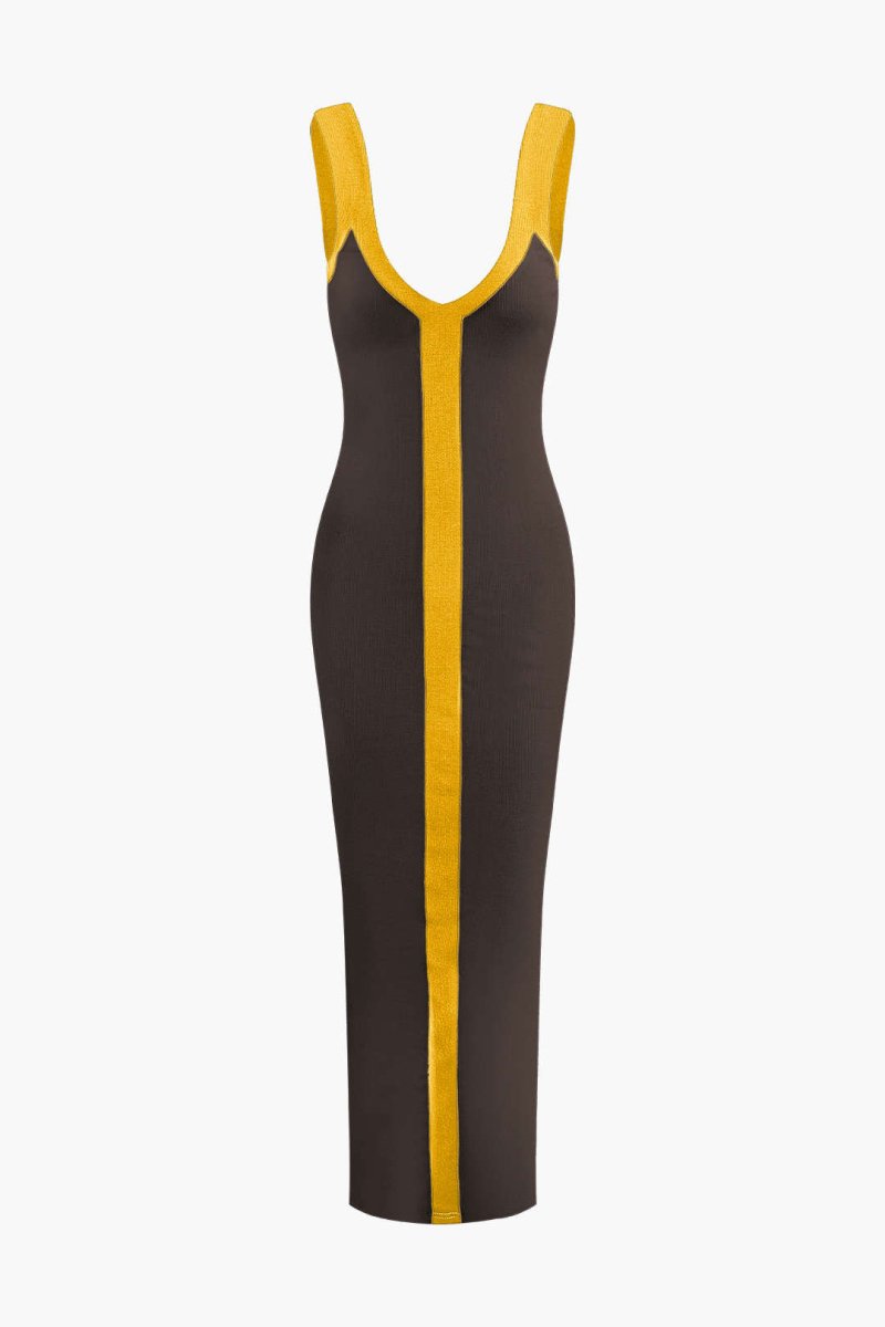 Colorblock V - neck Ribbed Split Maxi Dress - MISMIMCWKD2310120106-COFFEE-XS