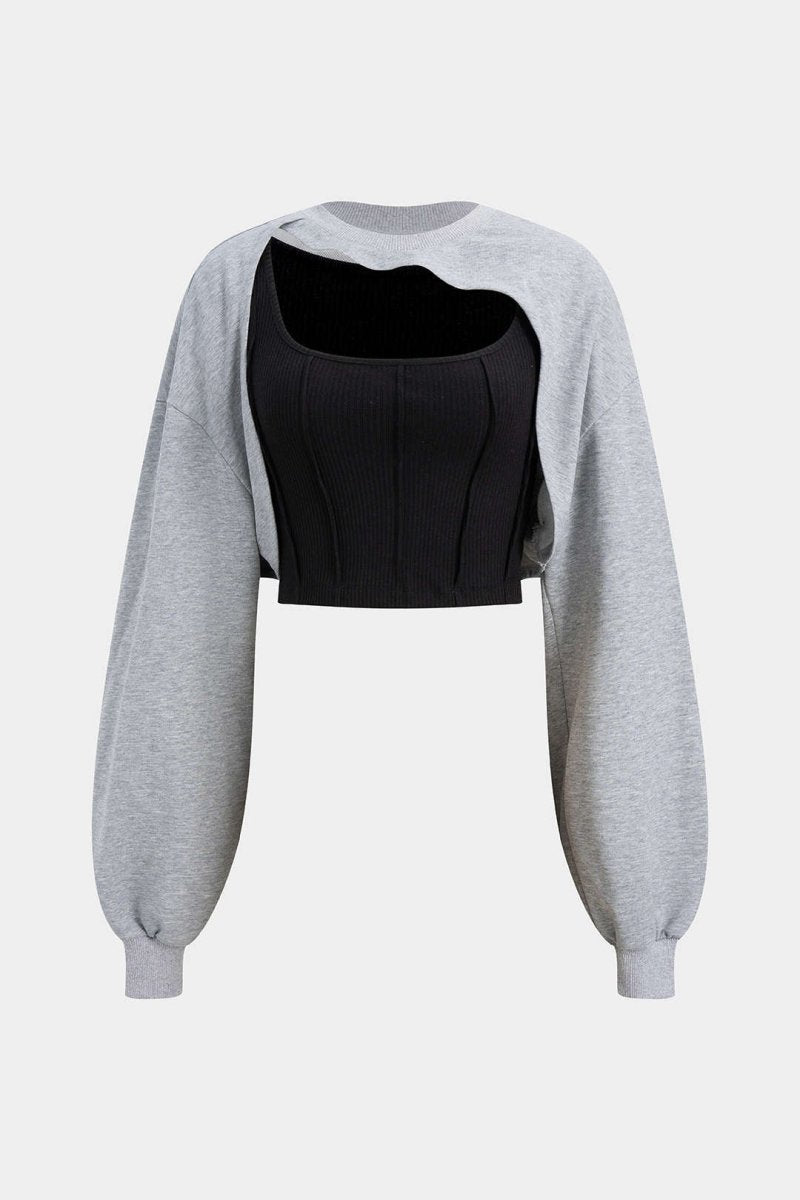 Contrast Asymmetrical Long Sleeve Sweatshirt - MISMIMCWSS2510210078-SMOKE-XS
