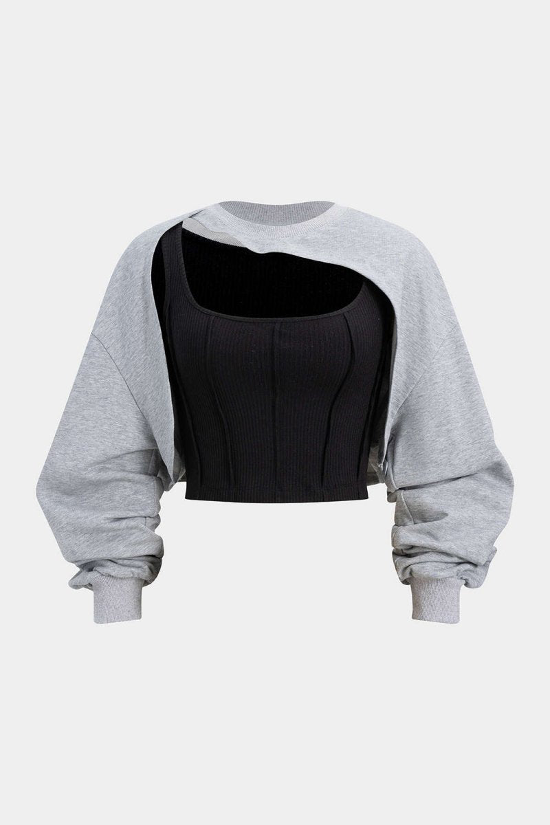 Contrast Asymmetrical Long Sleeve Sweatshirt - MISMIMCWSS2510210078-SMOKE-XS