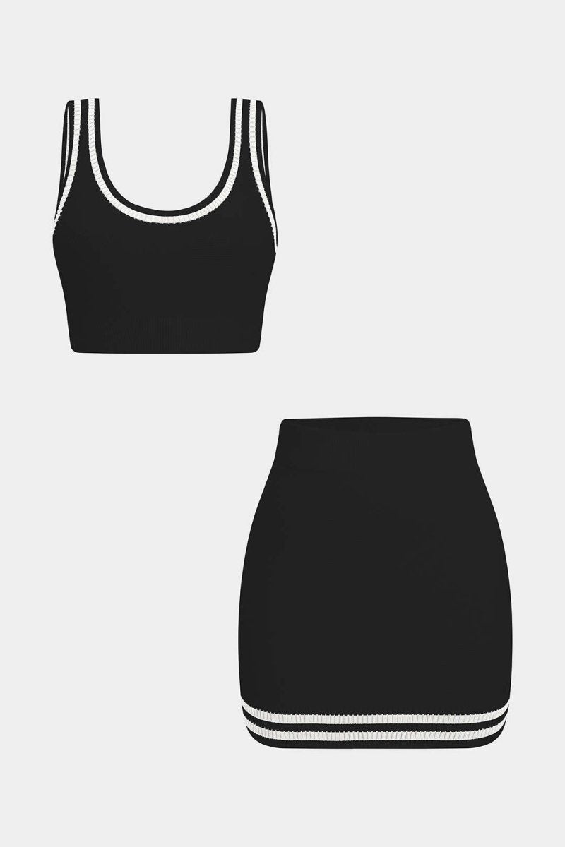 Contrast Knit Cami Top And Skirt Set - MISMIMCWKC2505280153-BLACK-XL