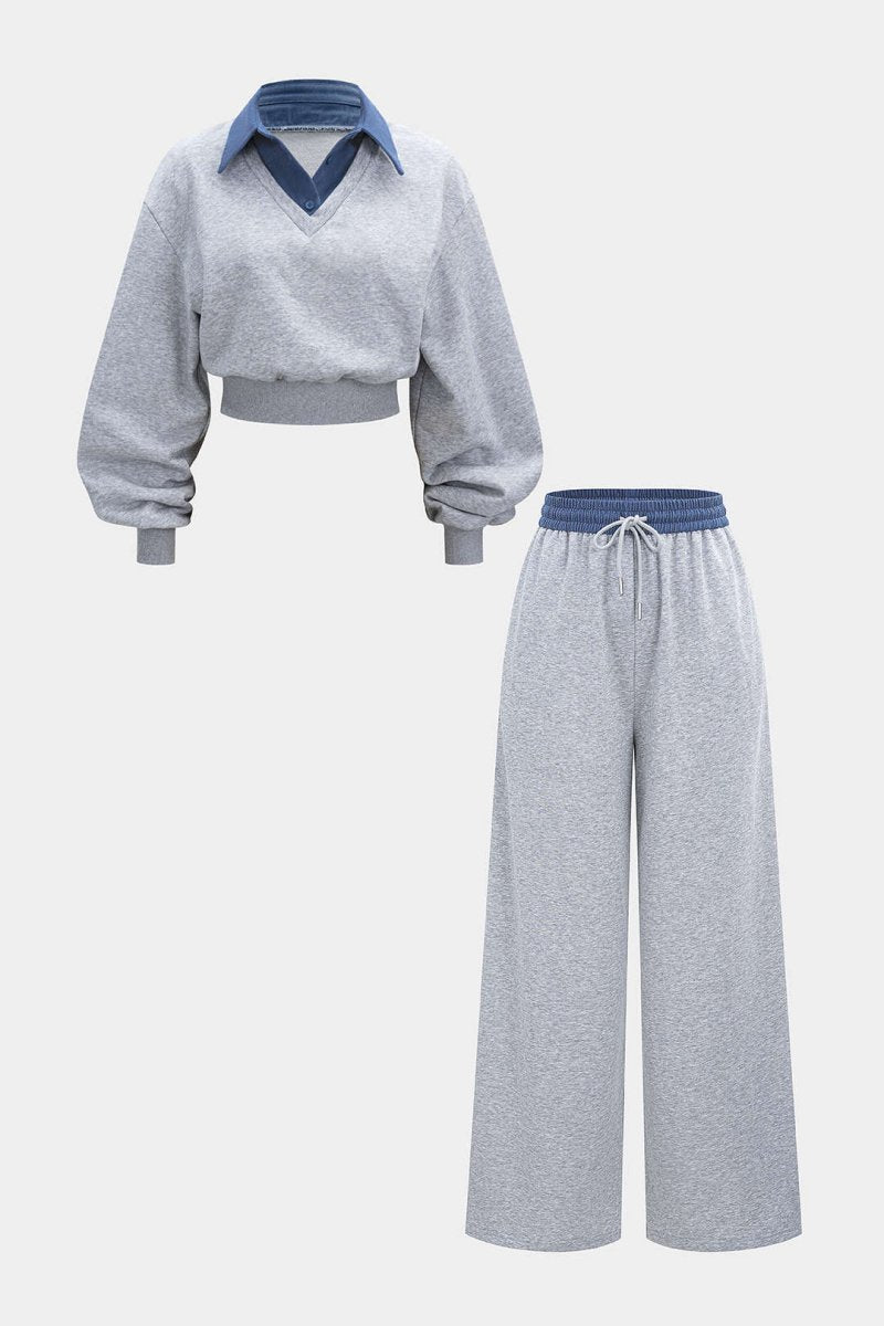 Contrast Patchwork Long - Sleeve Top And Shirred Waistband Drawstring Trousers Set - MISMIMCWSC2509150017-GRAY-XS