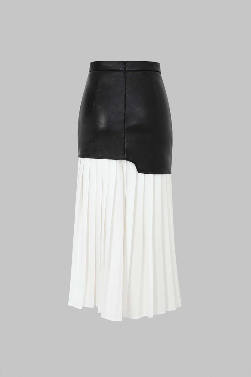 Contrast Pleated Faux Leather Midi Skirt - MISMIMCWBK2211070001-WHITE-XS
