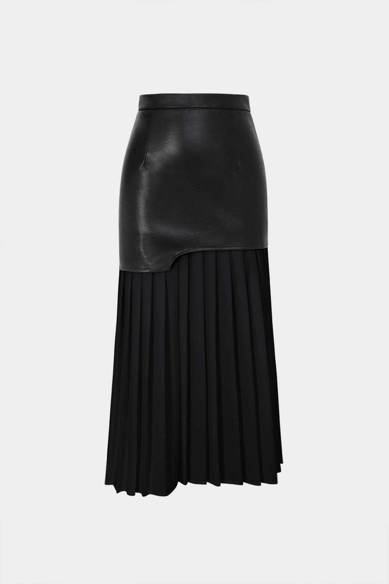 Contrast Pleated Faux Leather Midi Skirt - MISMIMCWBK2211070001-BLACK-XS