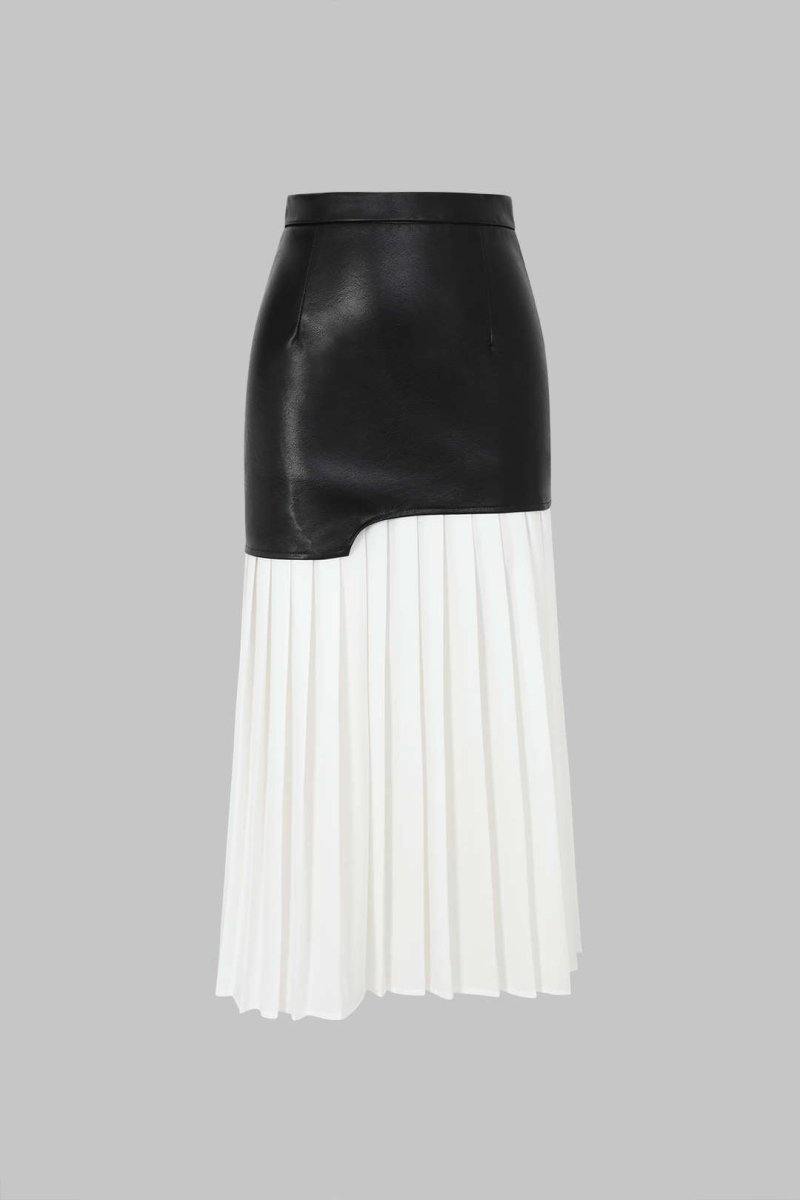 Contrast Pleated Faux Leather Midi Skirt - MISMIMCWBK2211070001-WHITE-XS