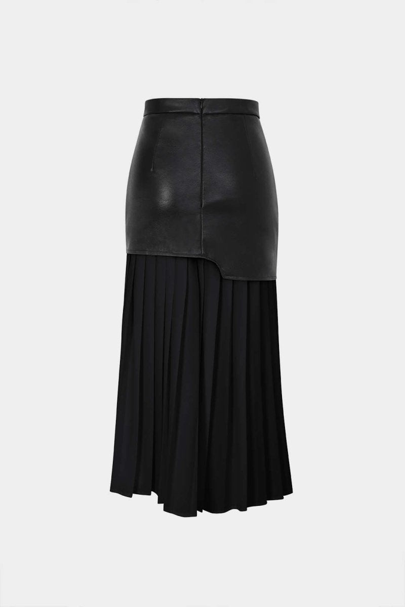 Contrast Pleated Faux Leather Midi Skirt - MISMIMCWBK2211070001-BLACK-XS