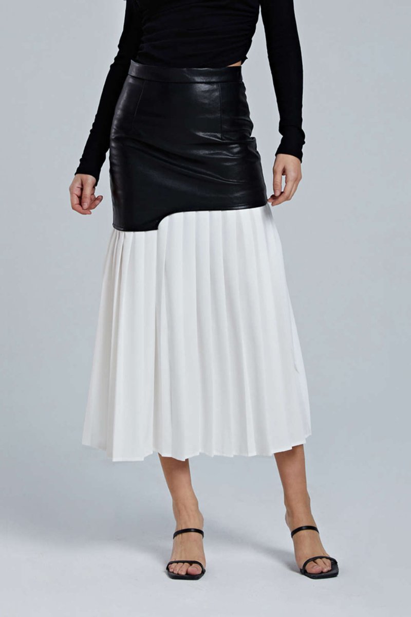 Contrast Pleated Faux Leather Midi Skirt - MISMIMCWBK2211070001-WHITE-XS