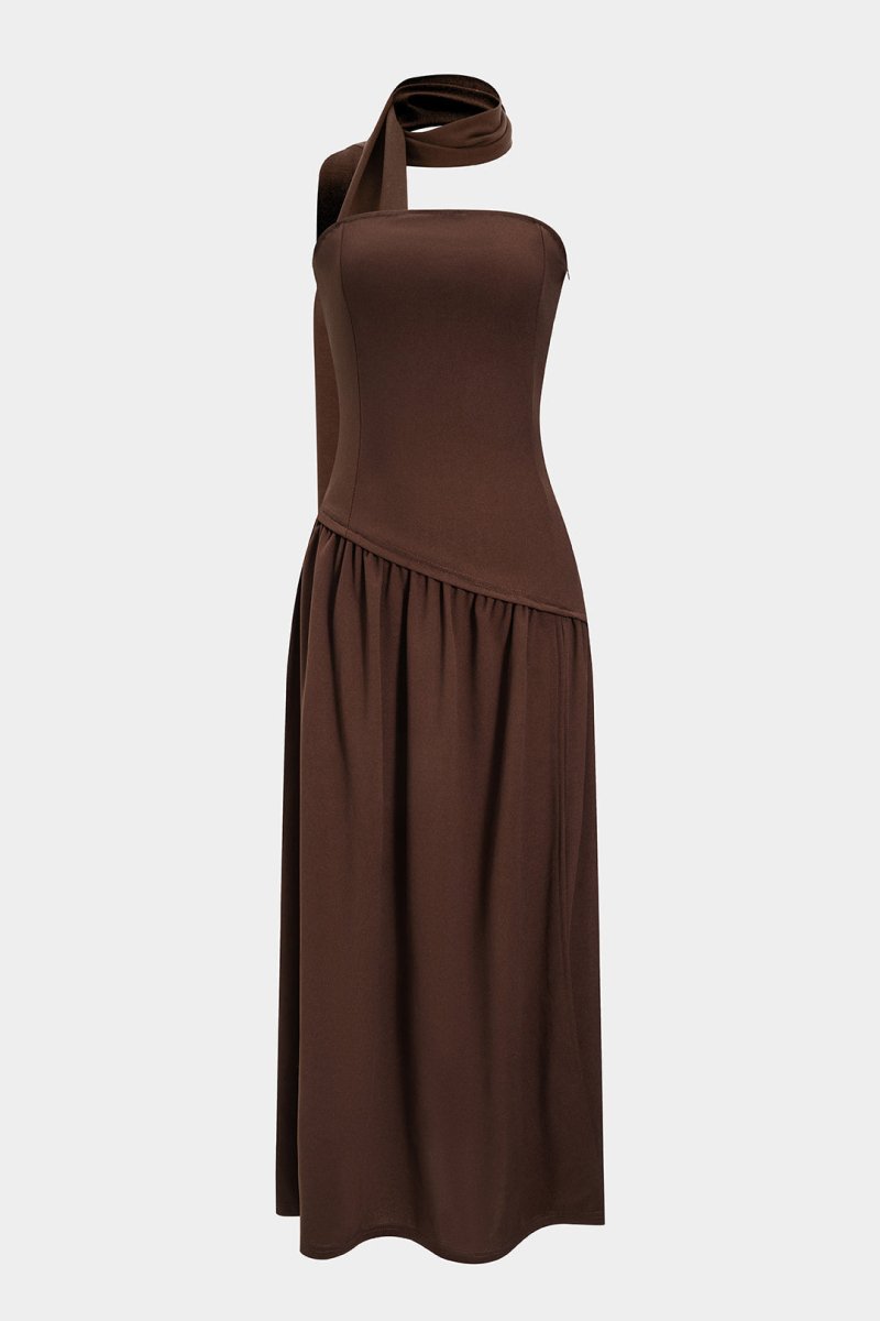Contrast Satin Ruched Slit Strapless Maxi Dress - MISMIMCWDA2503030067-BROWN-XS