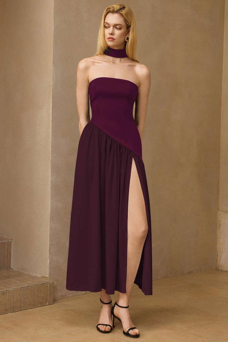 Contrast Satin Ruched Slit Strapless Maxi Dress - MISMIMCWDA2503030067-BURGUNDY-XS