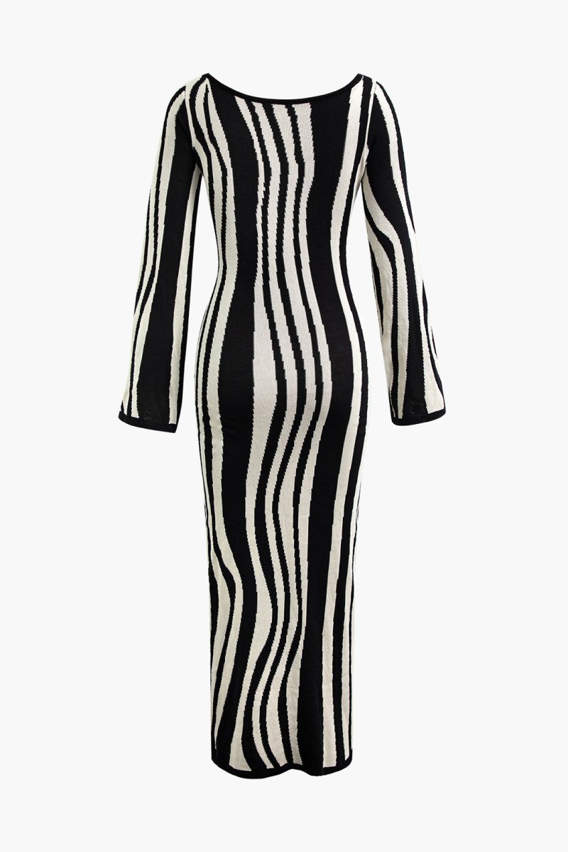 Contrast Stripe Round Neck Knit Maxi Dress - MISMIMCWKD2307150114-BLACK-XS