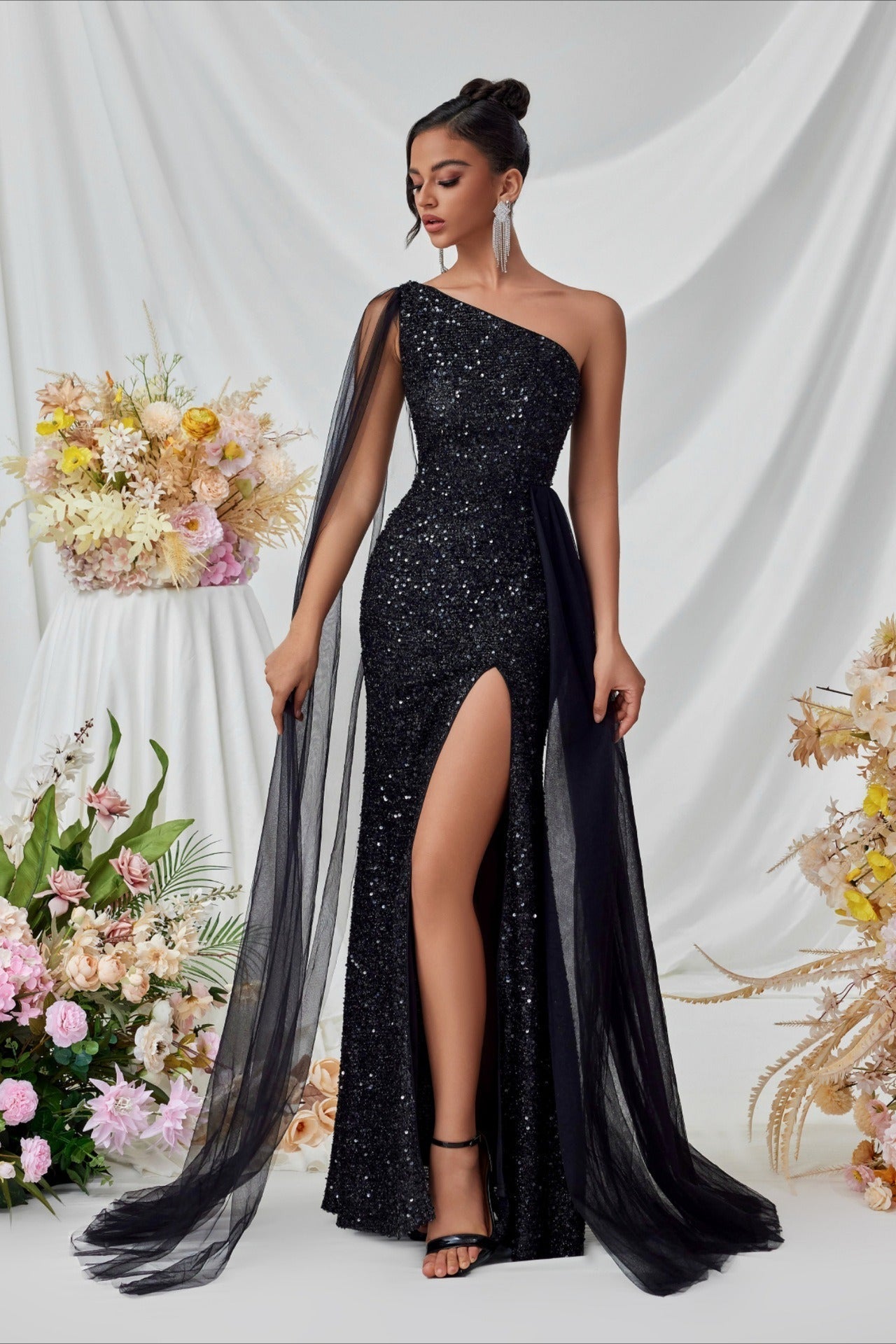 Sequin Mesh Panel Evening Party Dress