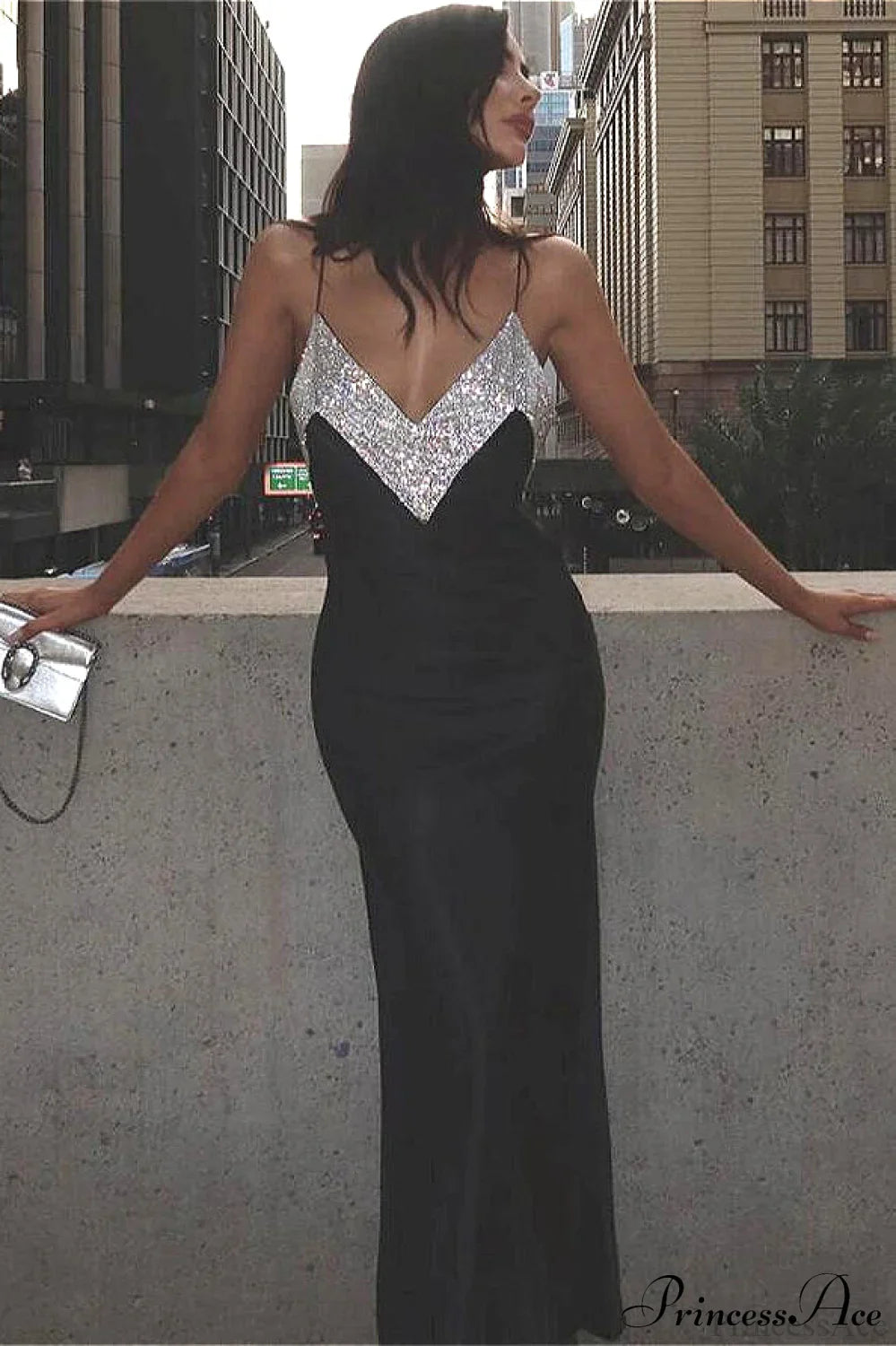 Deep V Rhinestone Collar Bandage Spaghetti Strap Maxi Party Dress