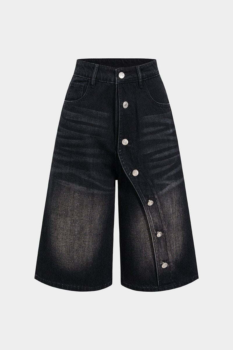 Denim Asymmetrical Button Shorts - MISMIMCWNT2503240001-BLACK-XS
