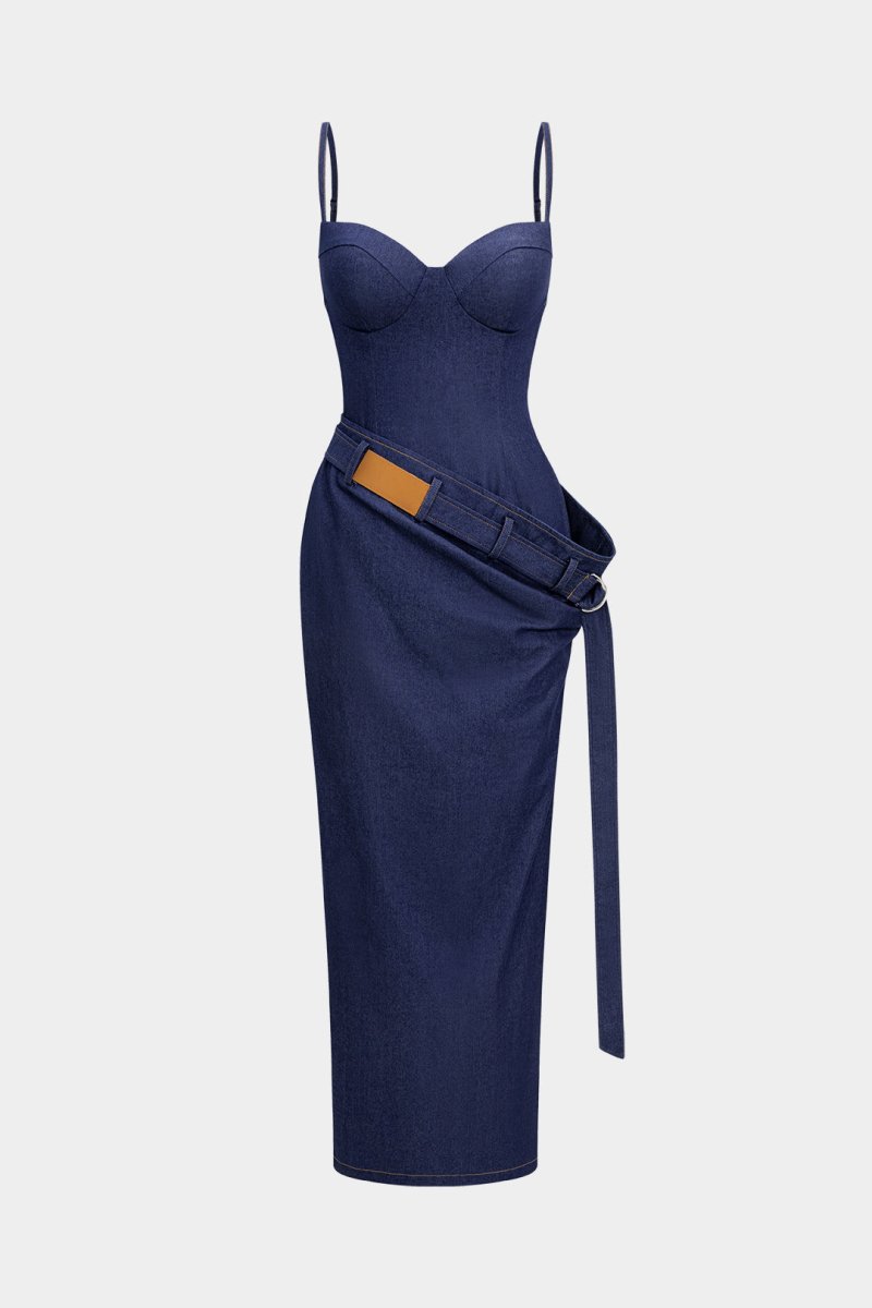 Denim Asymmetrical Ruched Bustier Belted Zipper Maxi Dress - MISMIMCWNI2507020058-ROYAL-XS