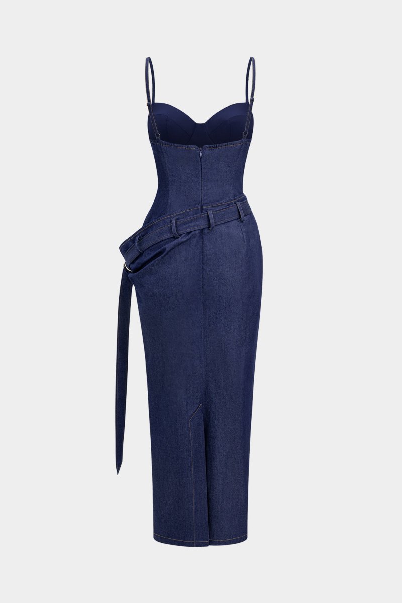 Denim Asymmetrical Ruched Bustier Belted Zipper Maxi Dress - MISMIMCWNI2507020058-ROYAL-XS