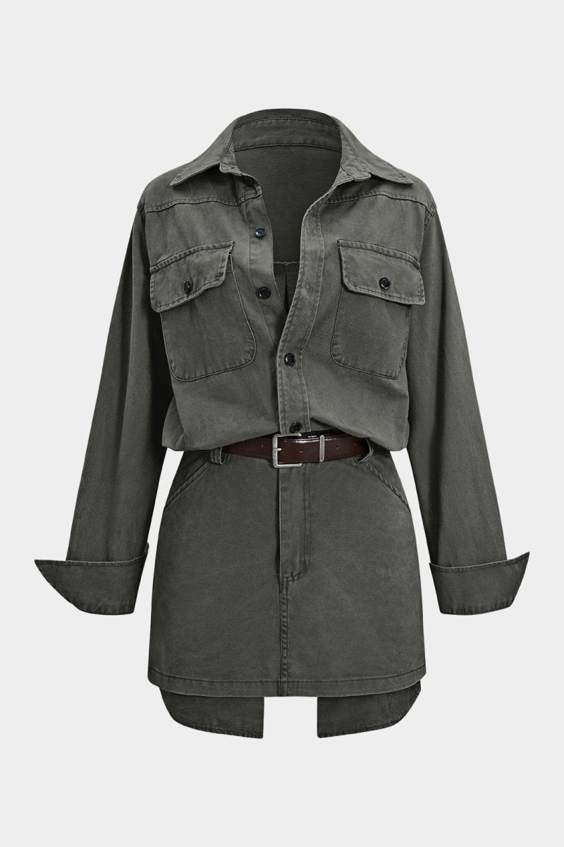 Denim Button Pocket Belted Long Sleeve Dress - MISMIMCWSB2508070091-MILITARY-XS