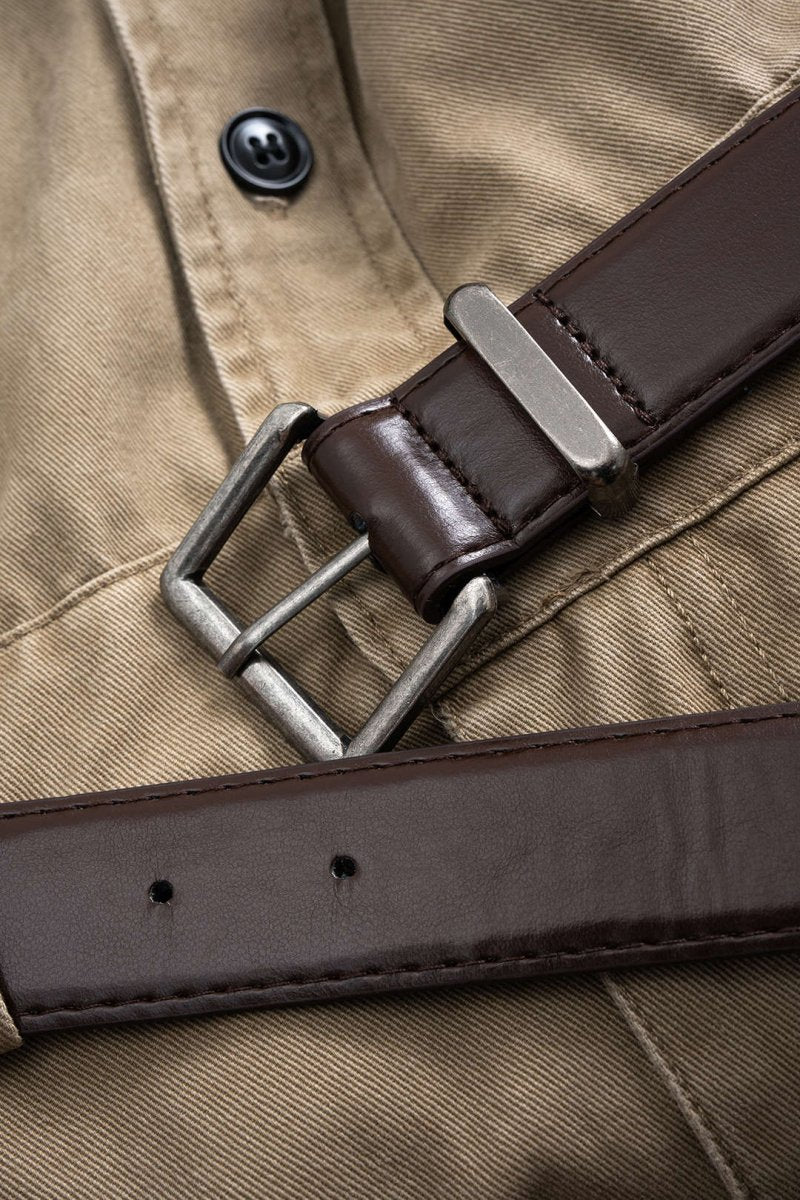 Denim Button Pocket Belted Long Sleeve Dress - MISMIMCWSB2508070091-KHAKI-XS