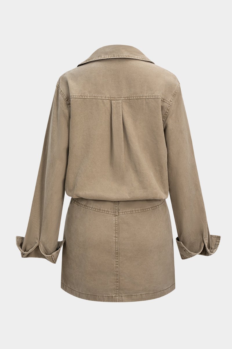 Denim Button Pocket Belted Long Sleeve Dress - MISMIMCWSB2508070091-KHAKI-XS