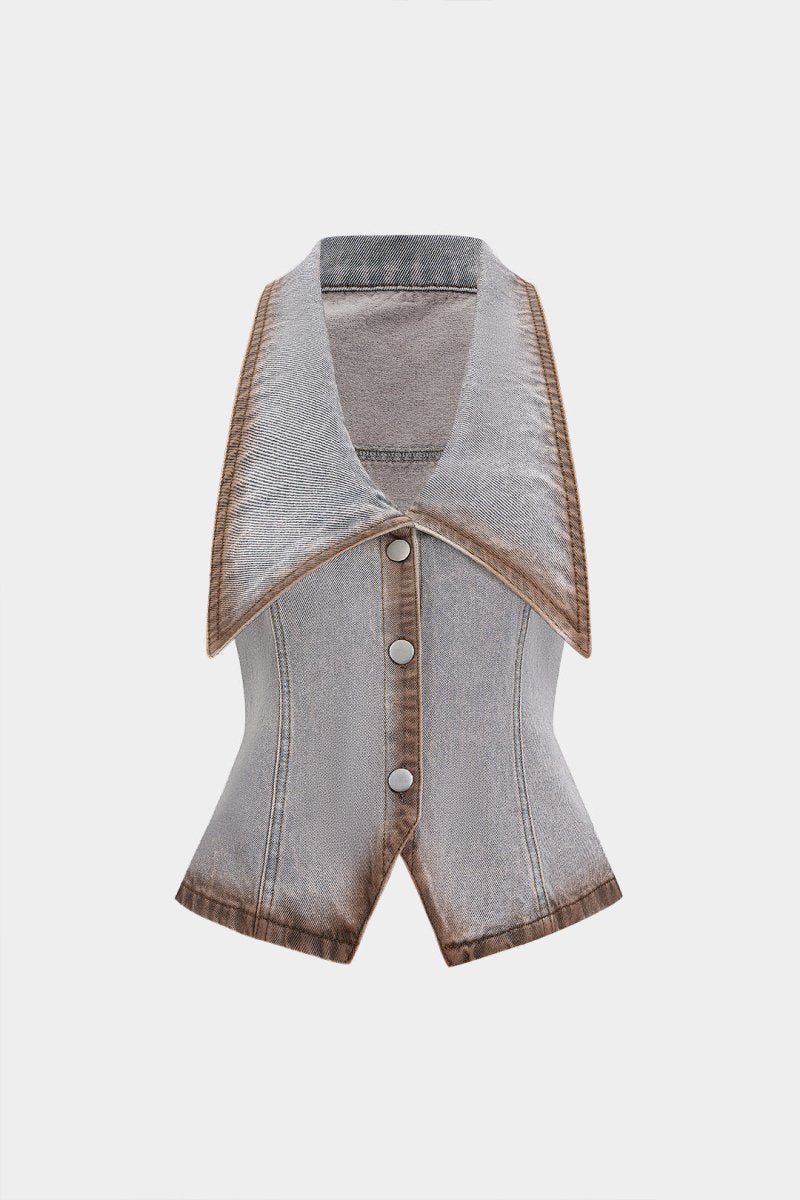 Denim Contrast Binding Button Washed V - Neck Crop Top - MISMIMCWNC2508110002-Contrast Color-XS