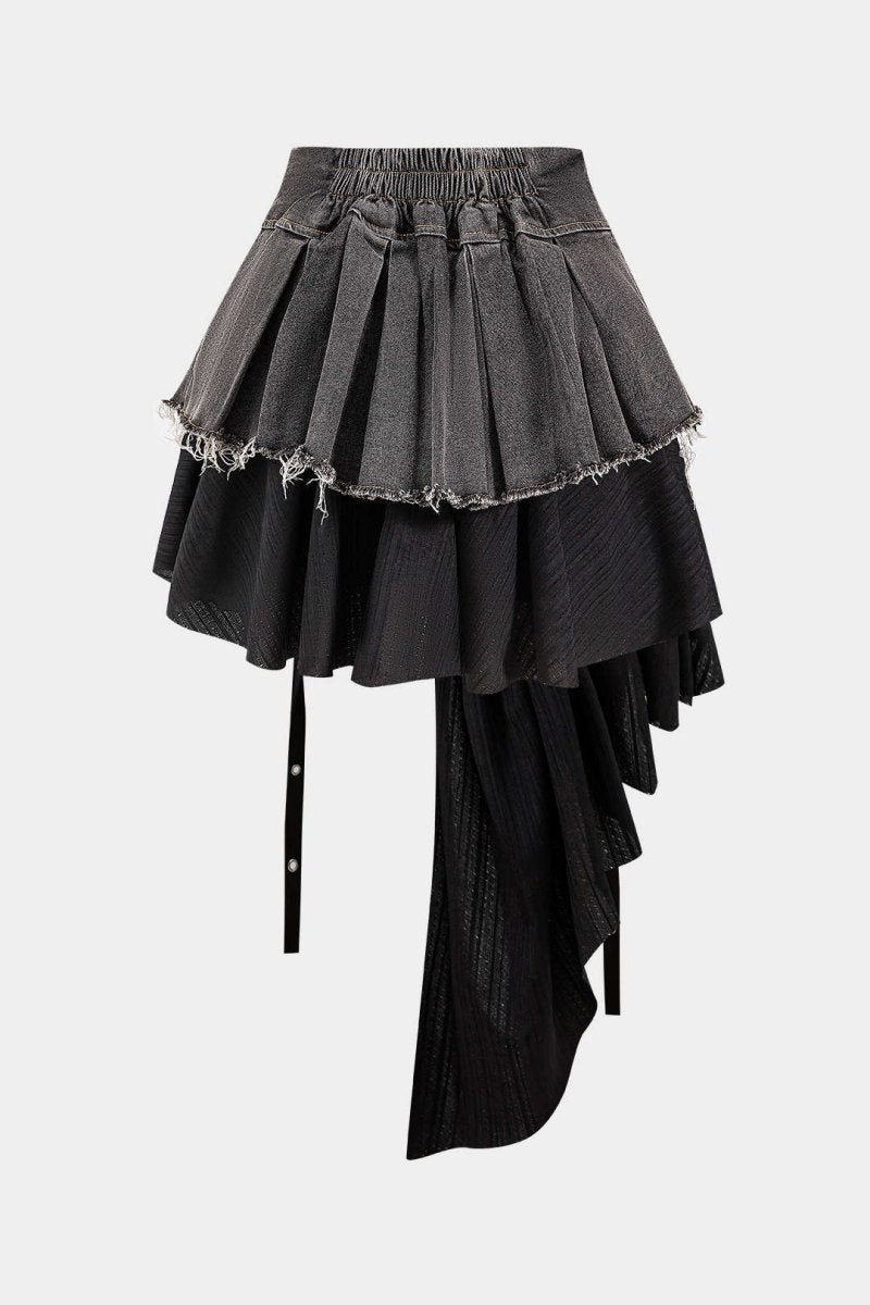 Denim High Waist Patchwork Skirt - MISMIMCWBK2411300001-BLACK-S