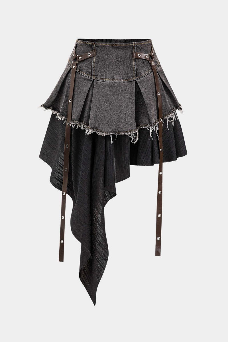 Denim High Waist Patchwork Skirt - MISMIMCWBK2411300001-BLACK-S