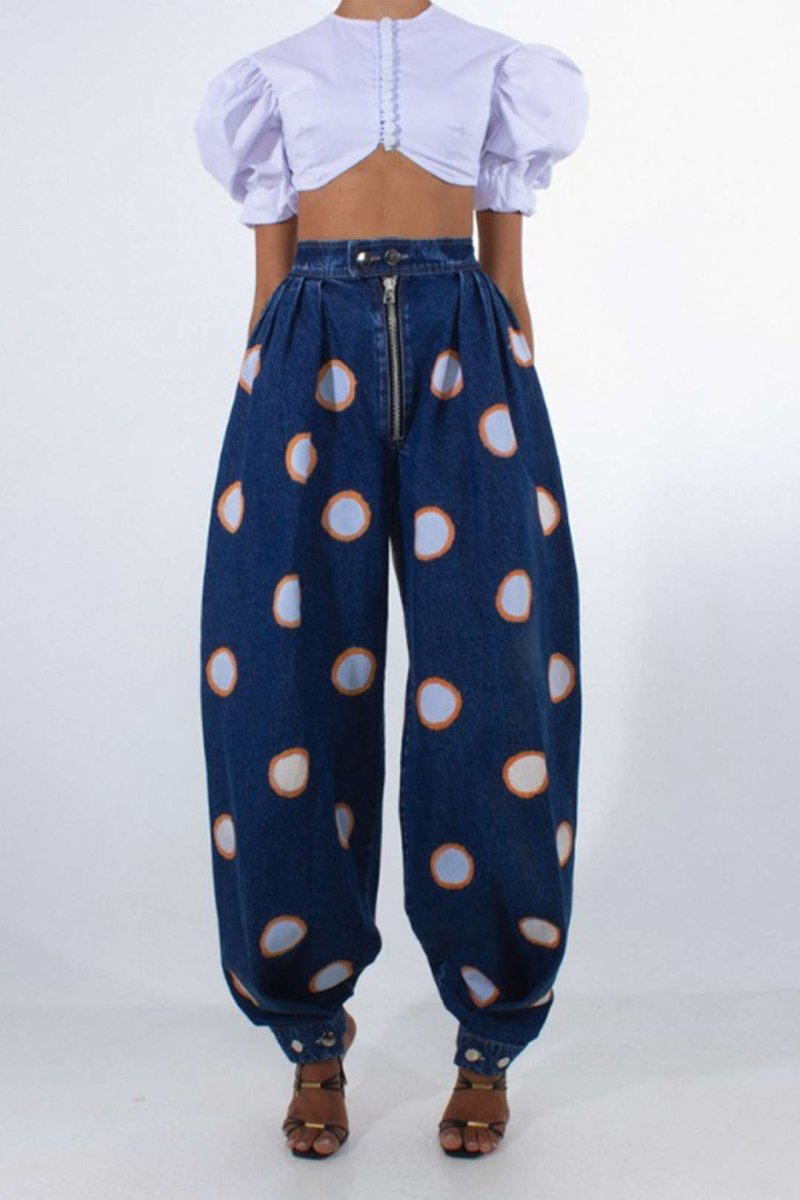 Denim High Waist Zipper Barrel Balloon Jeans - MISMIMCWNJ2505100170-Contrast Color-S