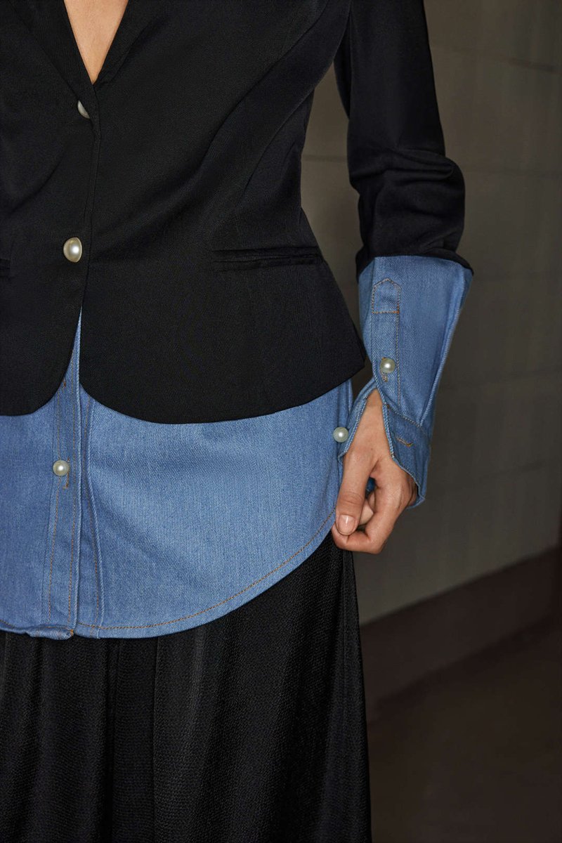 Denim Patchwork Notched Lapel Blazer - MISMIMCWOB2410130001-BLACK-XS