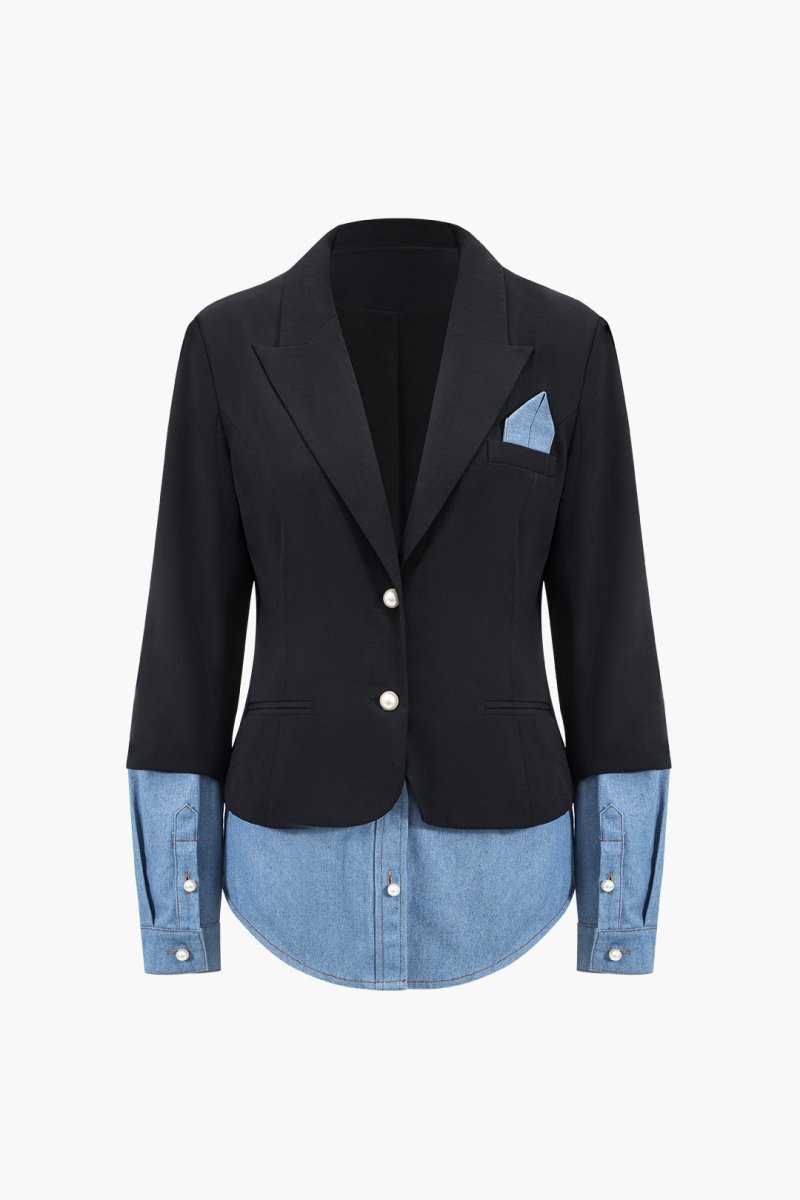 Denim Patchwork Notched Lapel Blazer - MISMIMCWOB2410130001-BLACK-XS