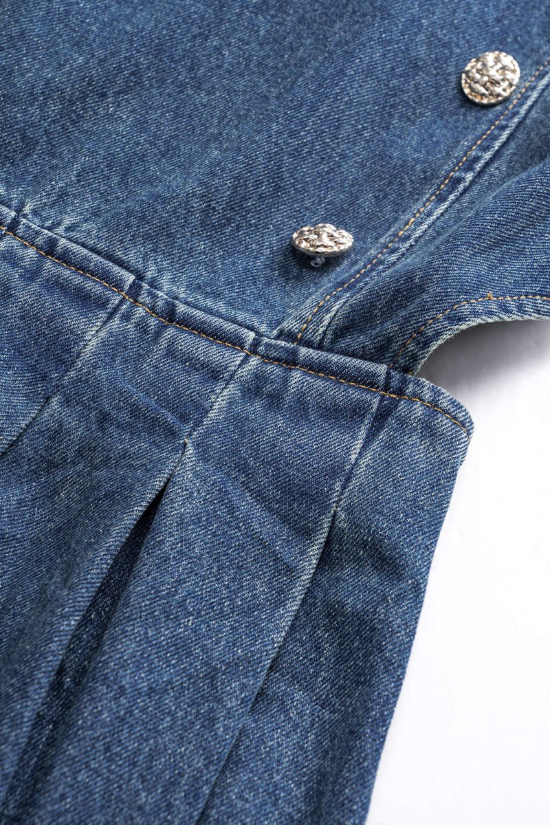 Denim Pleated Button Zipper Sleeveless Dress - MISMIMCWNI2411110025-DARK WASH BLUE-XS