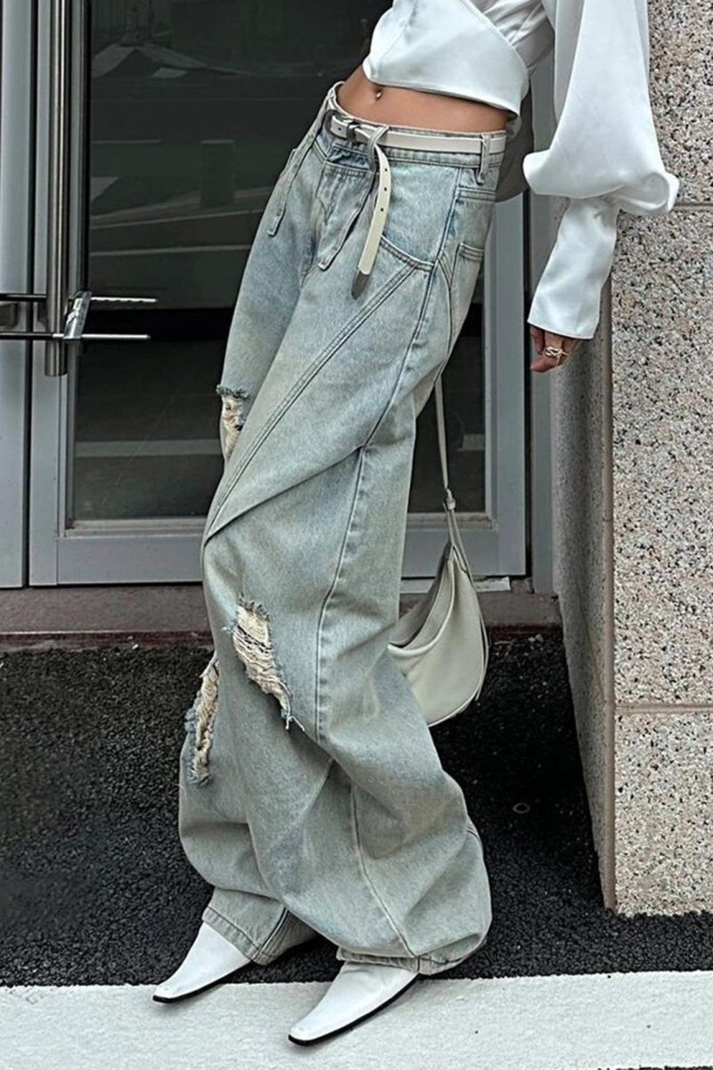 Denim Ripped Ruched Barrel Jeans - MISMIMCWNJ2507150199-LIGHT WASH BLUE-XS