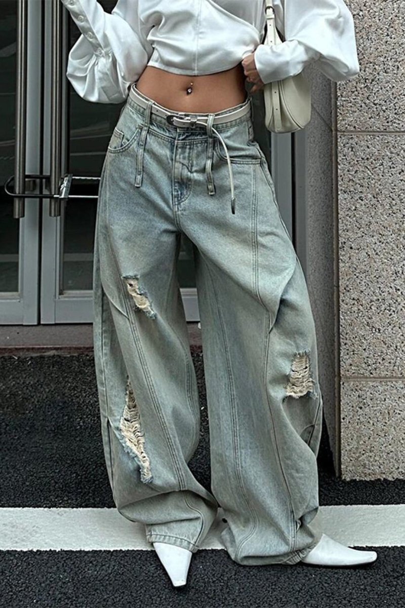 Denim Ripped Ruched Barrel Jeans - MISMIMCWNJ2507150199-LIGHT WASH BLUE-XS