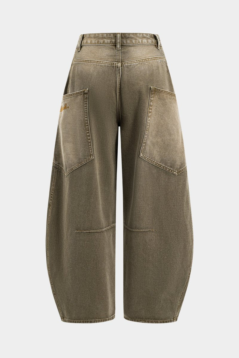 Denim Washed Wide Leg Barrel Jeans - MISMIMCWNJ2411140046-MUSTARD-XS