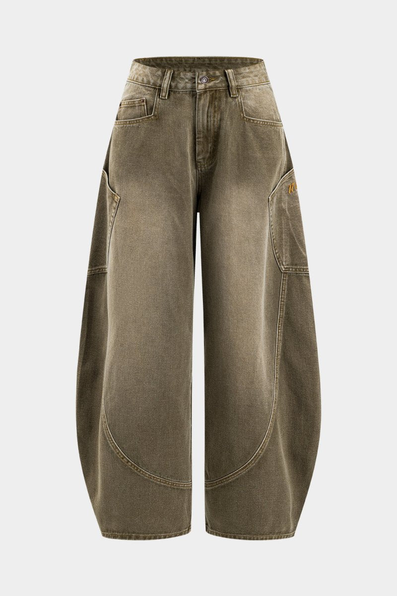 Denim Washed Wide Leg Barrel Jeans - MISMIMCWNJ2411140046-MUSTARD-XS