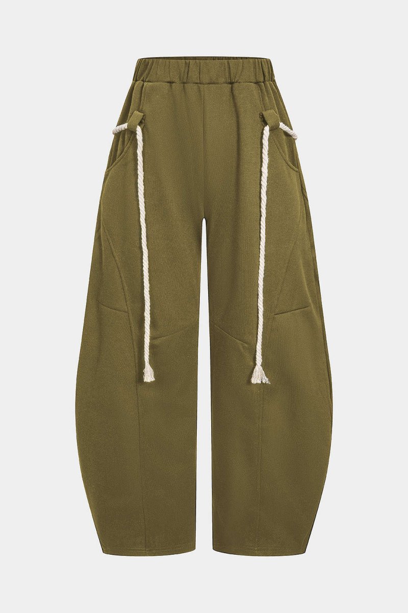 Drawstring Wide Leg Trousers - MISMIMCWBT2411270060-BROWNISH GREEN-S