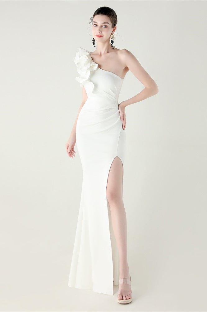 Ruffled Floral One Shoulder Satin Party Dress