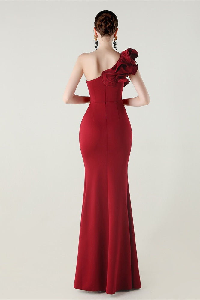 Ruffled Floral One Shoulder Satin Party Dress