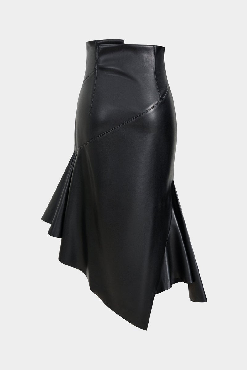 Faux Leather Asymmetrical Hem Ruched Skirt - MISMIMCWBK2509160048-BLACK-XS