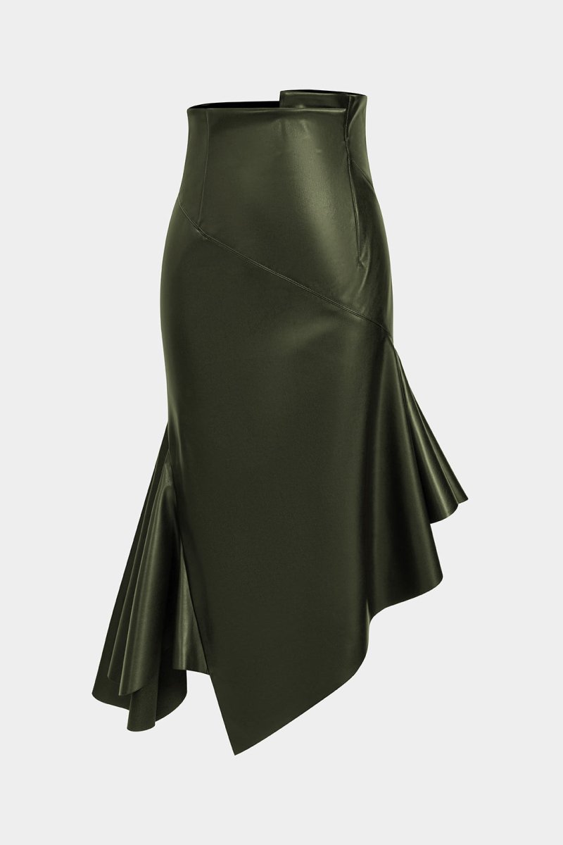 Faux Leather Asymmetrical Hem Ruched Skirt - MISMIMCWBK2509160048-OLIVE-XS