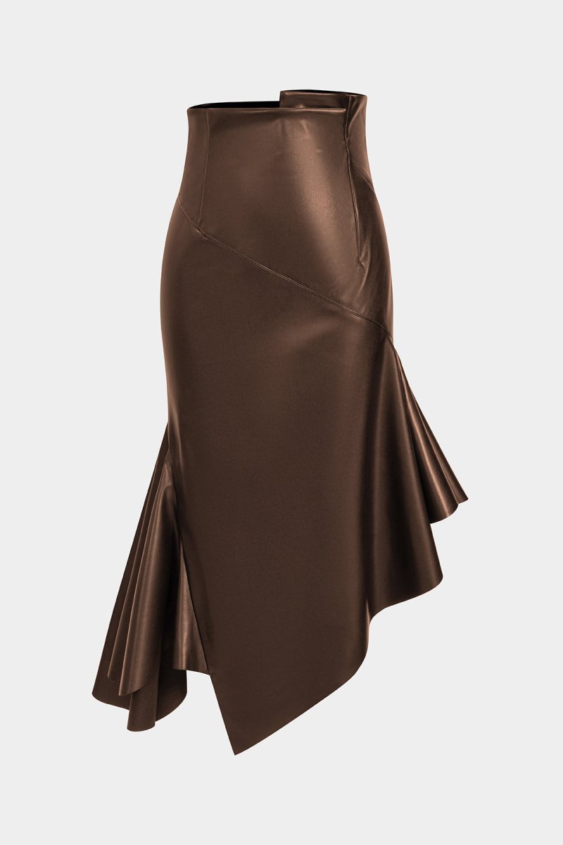 Faux Leather Asymmetrical Hem Ruched Skirt - MISMIMCWBK2509160048-LIGHT BROWN-XS