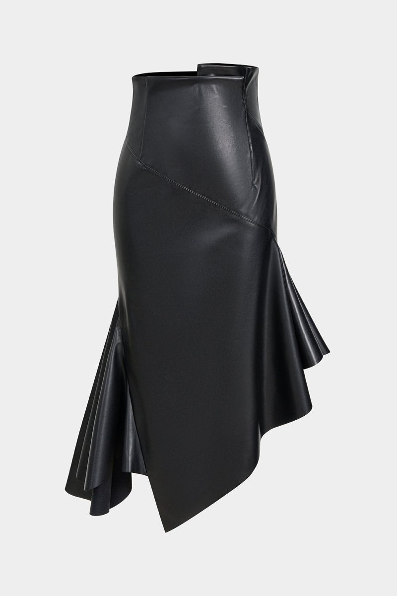 Faux Leather Asymmetrical Hem Ruched Skirt - MISMIMCWBK2509160048-BLACK-XS